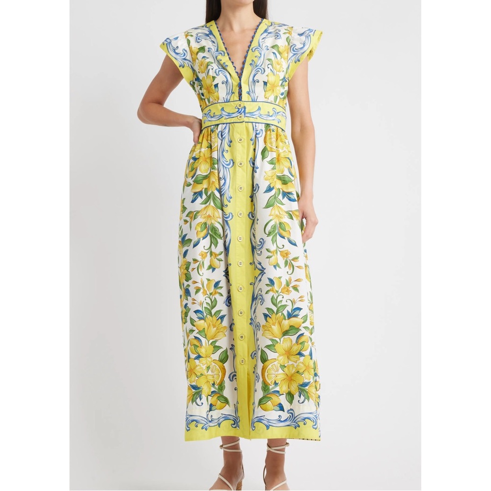 NWT Farm Rio Sicily Scarf Lemon Print Maxi Dress Yellow Fruit Flutter Sleeve M - Picture 1 of 12